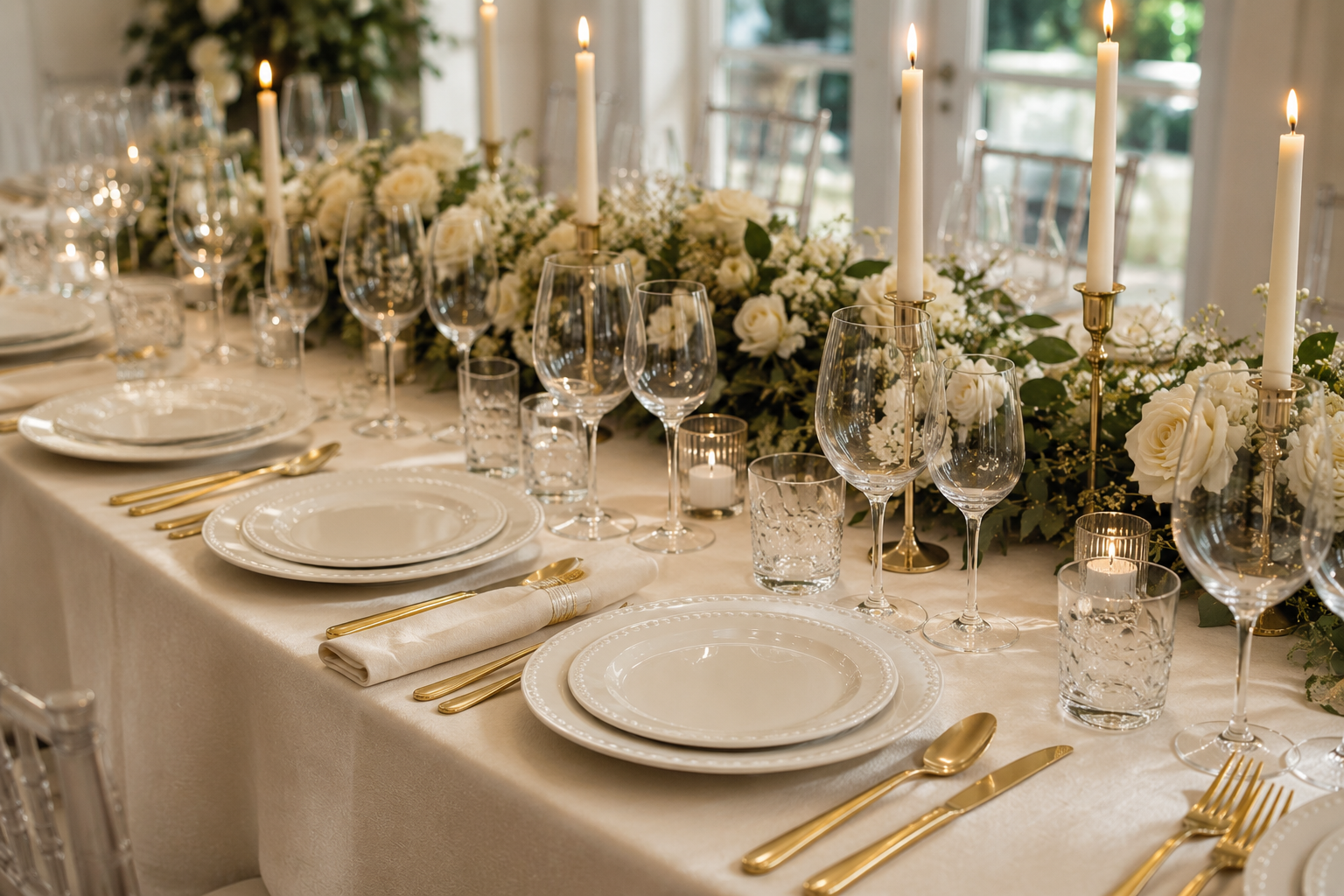 Table de mariage dressée avec bougies, roses blanches et couverts dorés