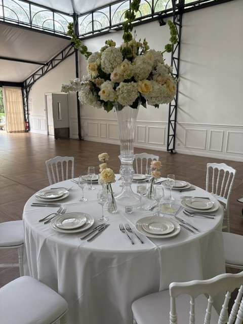 Vue d'ensemble d'une table dressée pour une réception en Seine-et-Marne