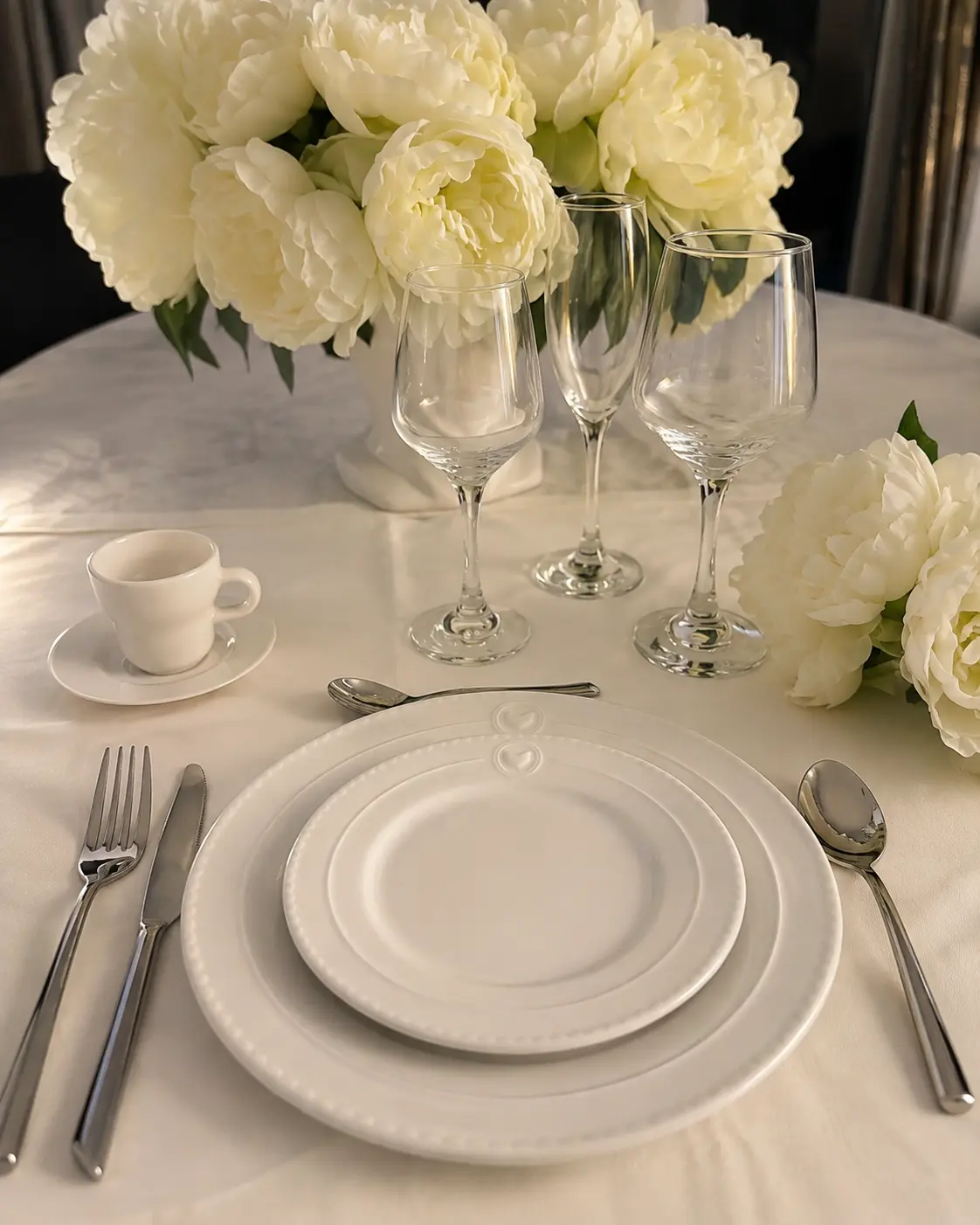 Couvert dressé : assiettes blanches, verrerie et tasse à café