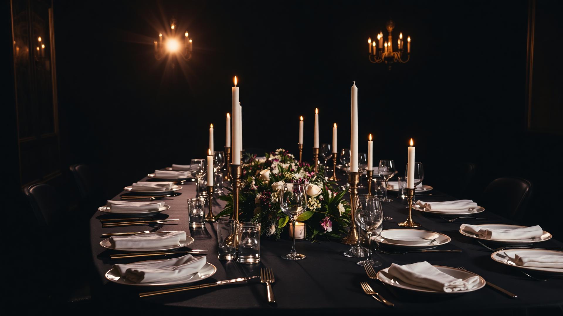 Table de réception dressée à la lueur des bougies