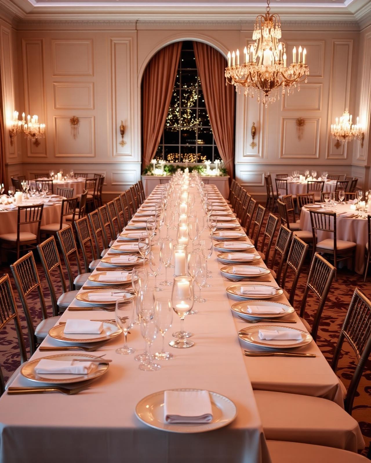 Longue table de réception dressée avec assiettes blanches et verrerie
