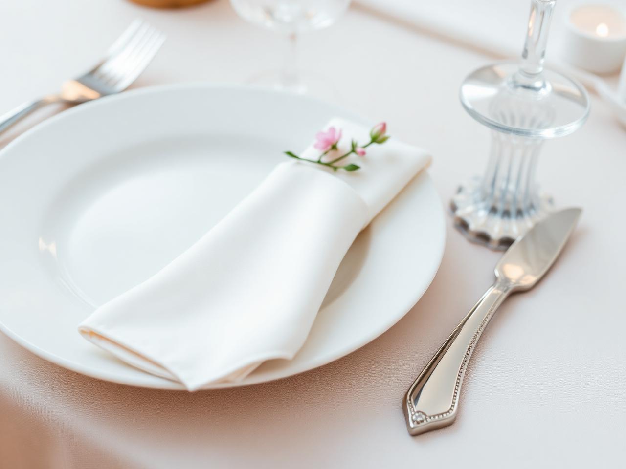Détail d'un couvert : assiette blanche, serviette et couverts argentés