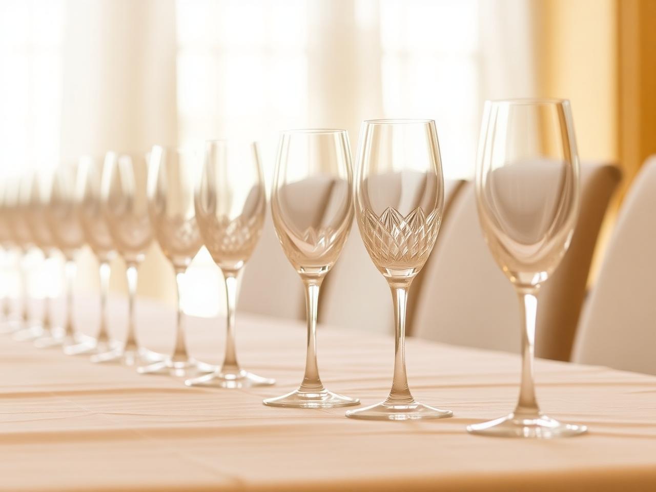 Alignement de verres à vin et flûtes à champagne sur nappe ivoire