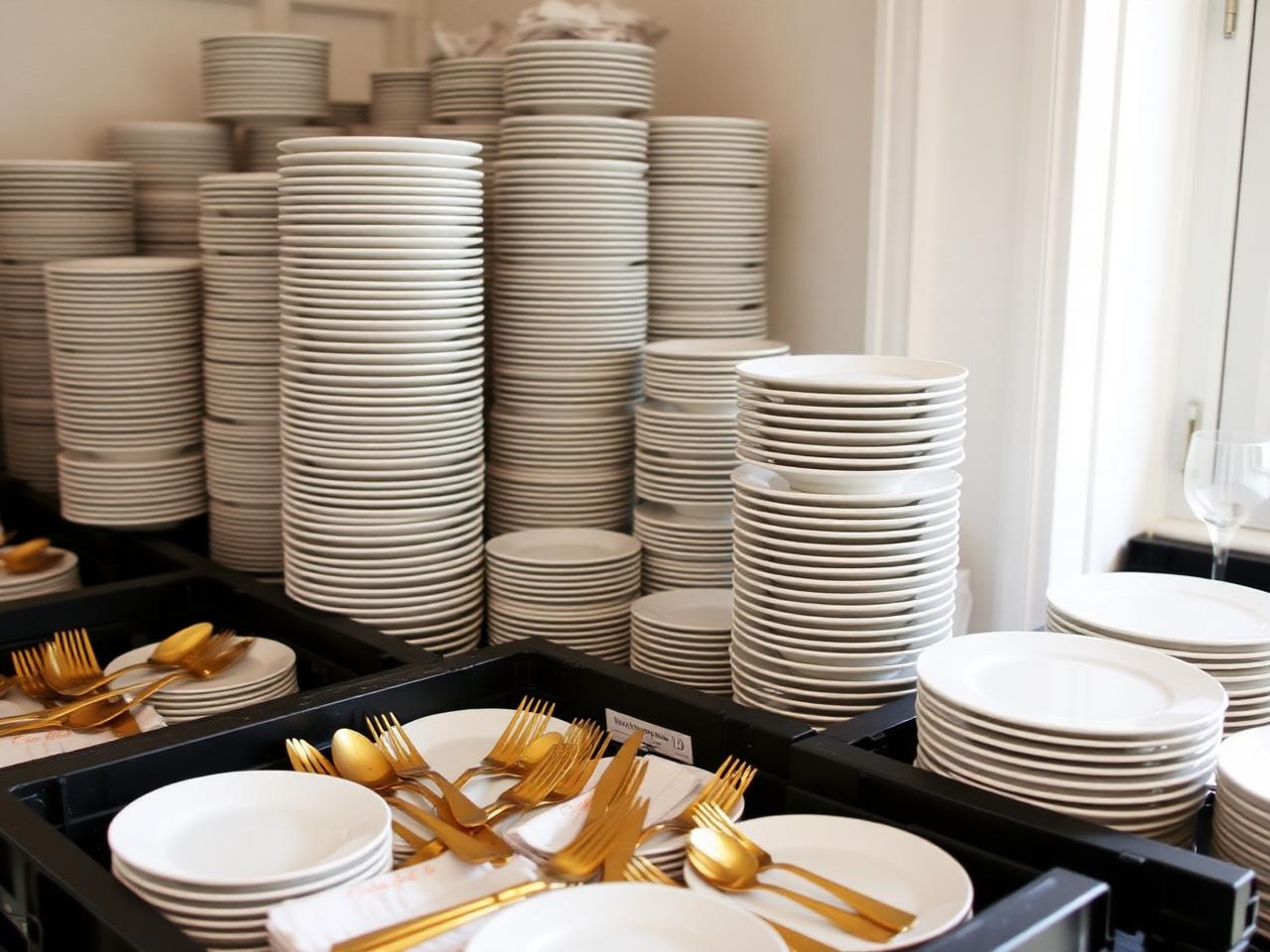 Assiettes empilées et couverts dorés préparés avant un événement