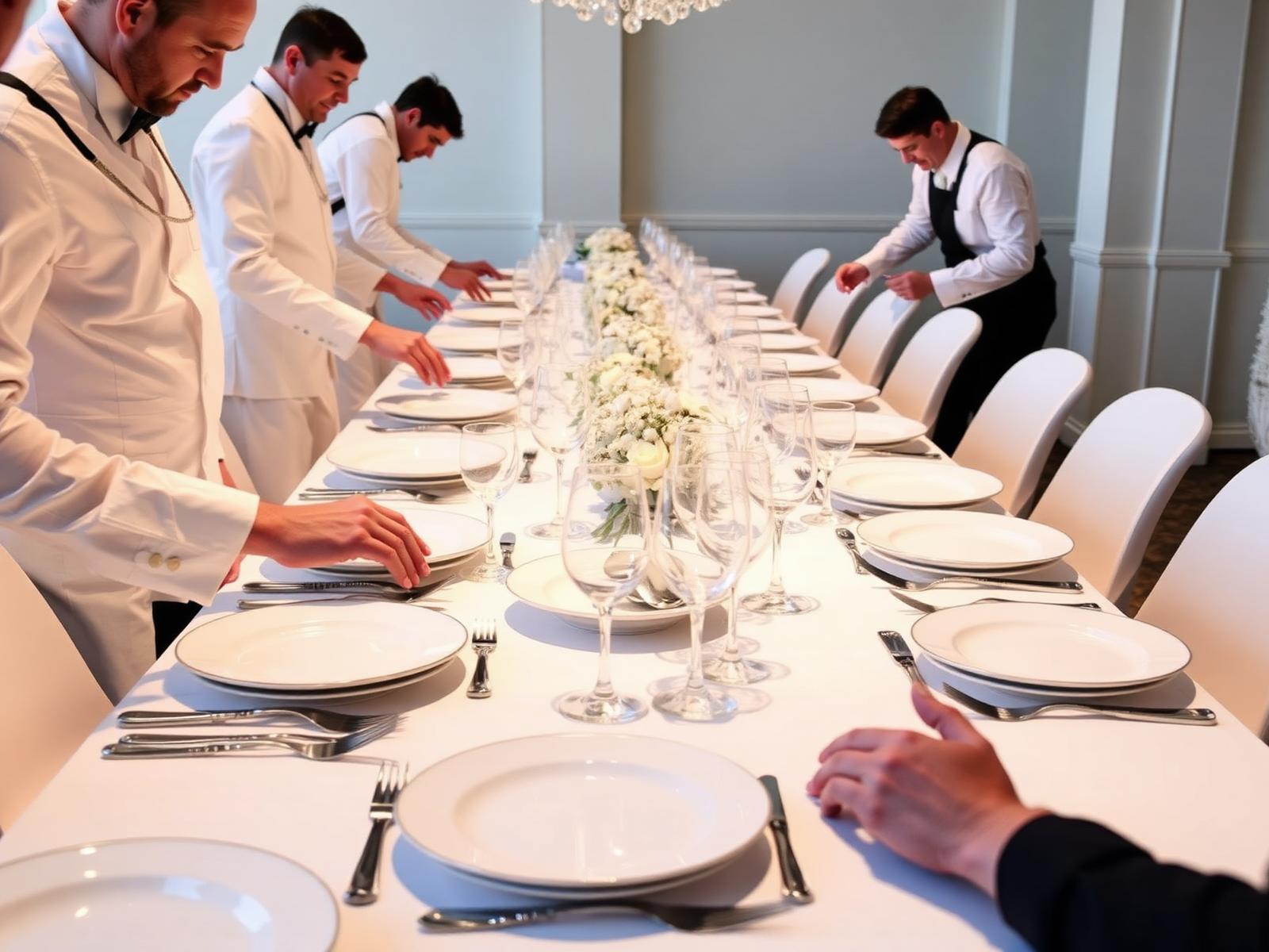 Équipe de professionnels dressant une longue table de réception